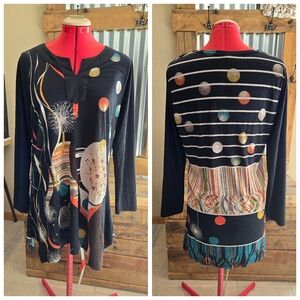 Black Op Art Tunic Top L V-neck Papaya